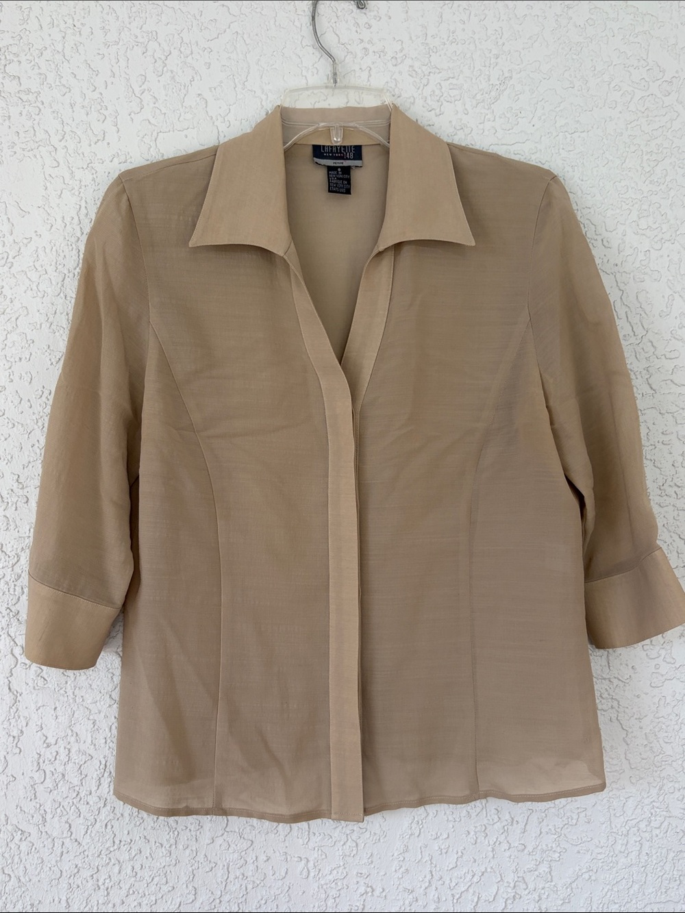 Lafayette 148 New York  Tan Sheer Collared button down  Blouse size 8P VINTAGE